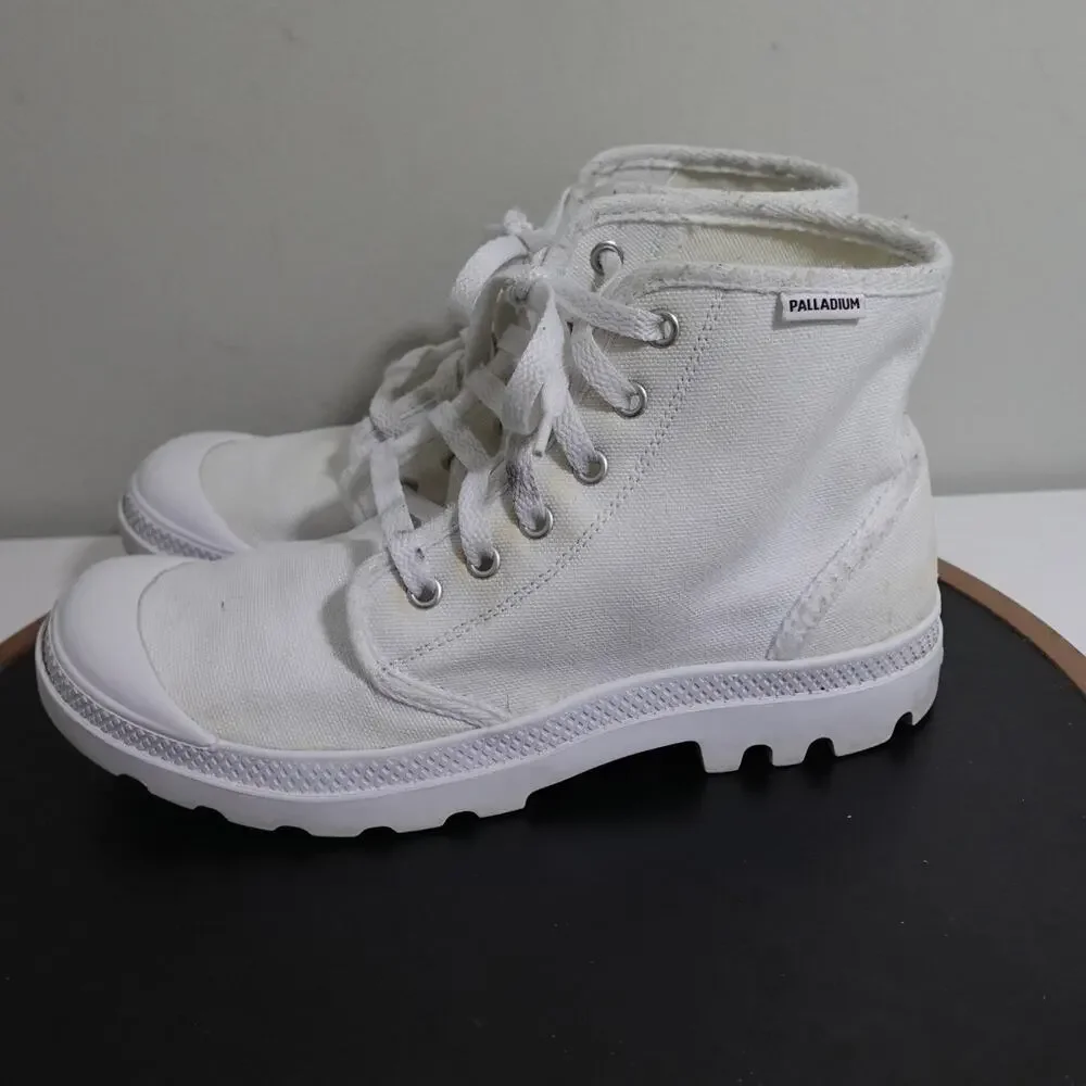 Palladium Pampa Hi Boots Women 9 / Men 7.5‎ White Canvas Lace-Up Rugged Sole